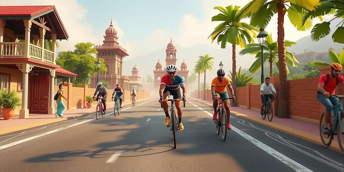 Cycling Champions - Indian Village Race Cycling Champions gameplay showing cyclist racing through traditional Indian village during festival